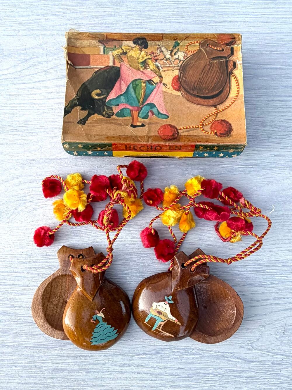 Vintage Spanish Castanets in Original Box 1950s Hand Painted Flamenco Bullfight